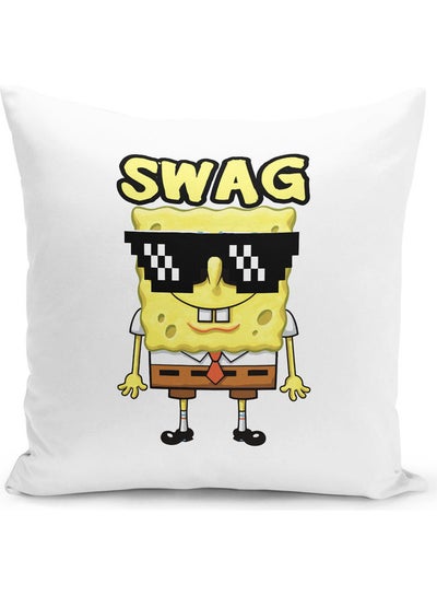 Buy Swag Like A Boss Spongebob Themed Throw Pillow White/Black/Yellow 16x16inch in UAE