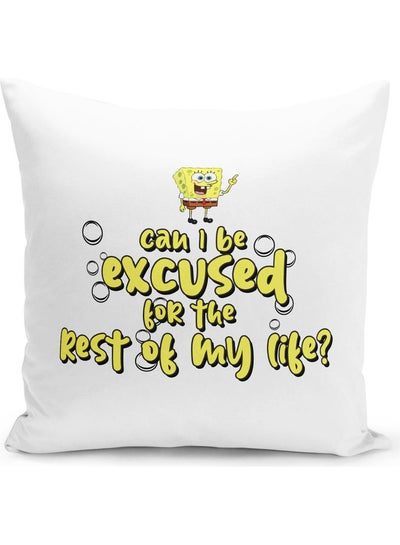 Buy Can I Be Excused Quote From Spongebob Squarepants Themed Throw Pillow White/Yellow/Red 16x16inch in UAE