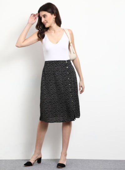 Buy Button Detail Printed Knee Length Skirt Black/White in Saudi Arabia