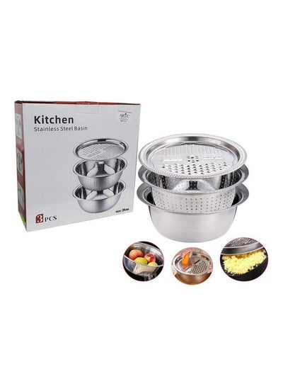 Buy 3 In 1 Multifunctional Basin Bowl Set With Grater Silver 28x28x11cm in UAE