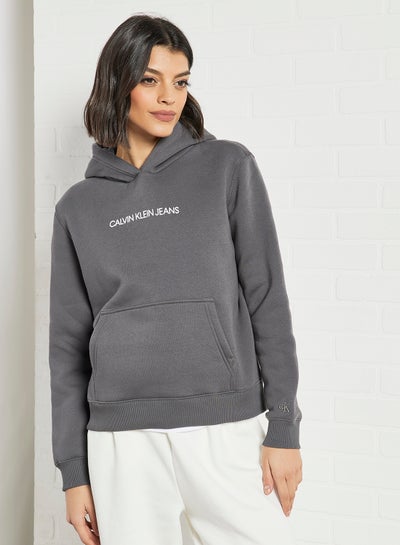 Buy Embroidered Logo Fleece Hoodie Grey in UAE