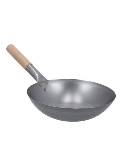 Buy Iron Wok Pan With Wooden Handle Stir Fry Pans Silver With Brown Handle 30cm in UAE