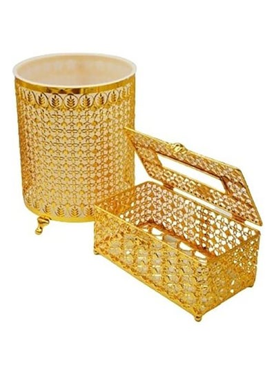 Buy 2-Piece Dustbin And Tissue Box Holder Set Gold 29x22cm in Saudi Arabia