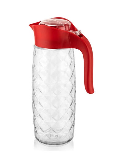 Buy Oval Patterned 1600cc Water Pitcher with Lid Easy Clean Heat Resistant Glass Jug Red in UAE