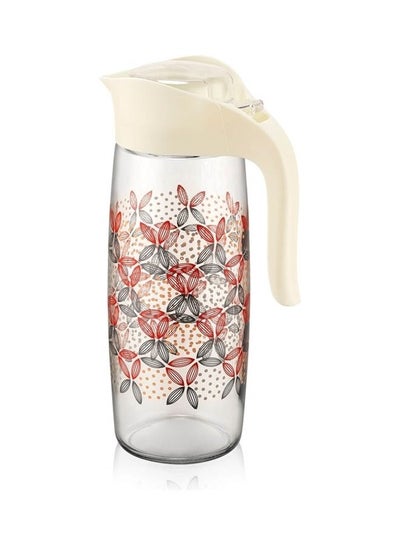 Buy Oval Patterned 1600cc Water Pitcher with Lid Easy Clean Heat Resistant Glass Jug Beige in UAE