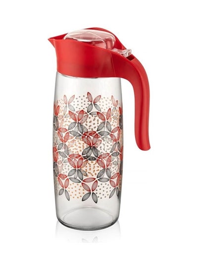 Buy Oval Patterned 1600cc Water Pitcher with Lid Easy Clean Heat Resistant Glass Jug Red 1.6Liters in UAE