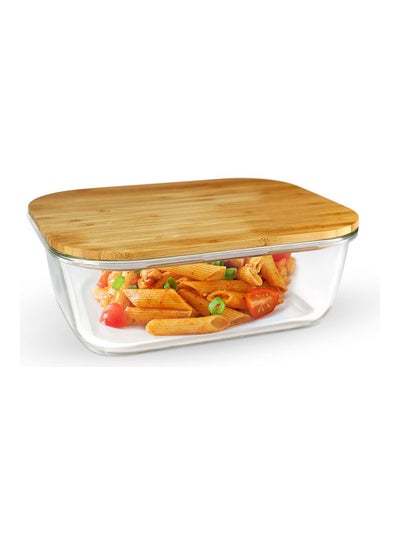 Buy Rectangular Glass Food Container With Bamboo Lid Clear 370ml in UAE