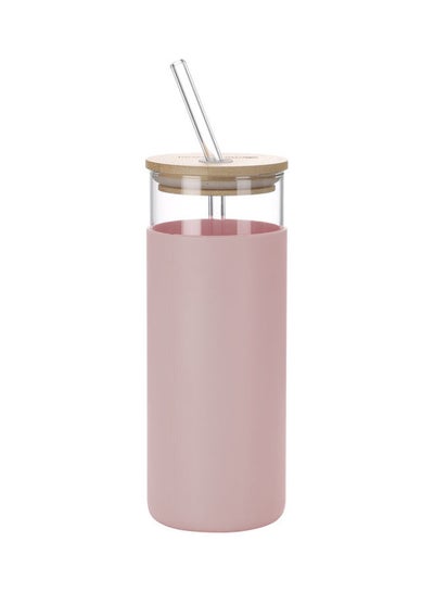 Buy Glass Water Bottle With Bamboo Lid Pink 450ml in UAE