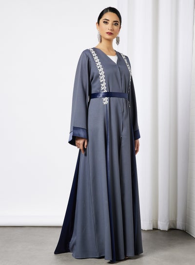 Buy Lace Detail Belted Abaya Grey in Saudi Arabia