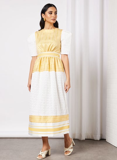 Buy Puff Sleeve Lace Midi Dress Yellow in Saudi Arabia