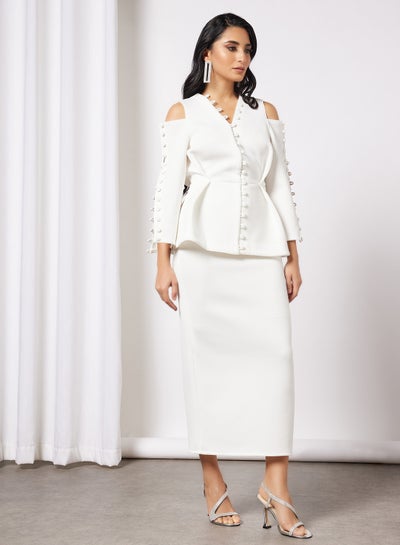 Buy Button Detail Midi Dress Off-White in UAE