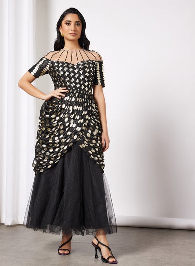 Buy Polka Print Overlap Mesh Dress Black in UAE
