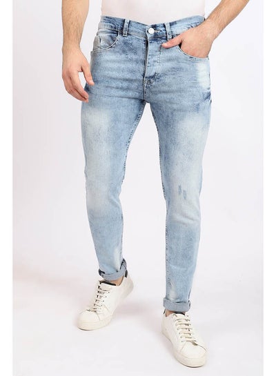 Buy Cotton Slim Fit Scratched Jeans Blue in Egypt