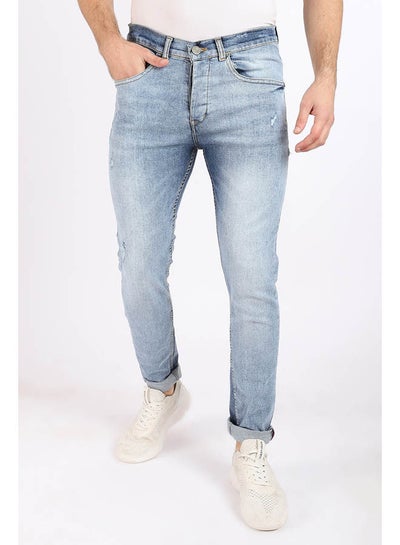 اشتري Slim Fit Cotton Jeans With Scratches Blue في مصر