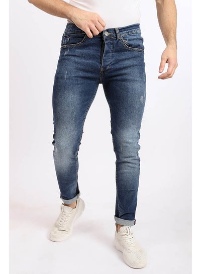 Buy Slim Fit Cotton Jeans With Scratches Blue in Egypt