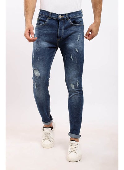 اشتري بنطال جينز بتصميم ممزق من الأمام مزود بأزرار أزرق في مصر