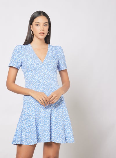 Buy Casual V-Neck Short Sleeve Printed A-Line Ruffle Hem Mini Dress Blue in Saudi Arabia