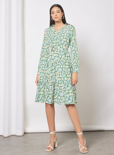 Buy Casual V-Neck Long Sleeve Floral Print Midi Dress With Waist Belt Green in Saudi Arabia
