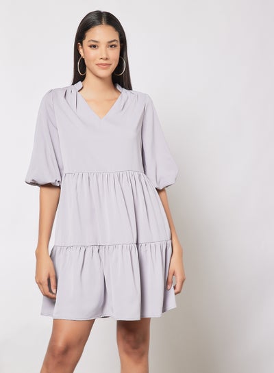 Buy Casual Polyester Blend Puff Short Sleeve Knee Length Tiered A-Line Dress With V-Neck Grey in Saudi Arabia