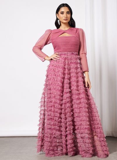Buy Lace Layered Maxi Dress Pink in Saudi Arabia