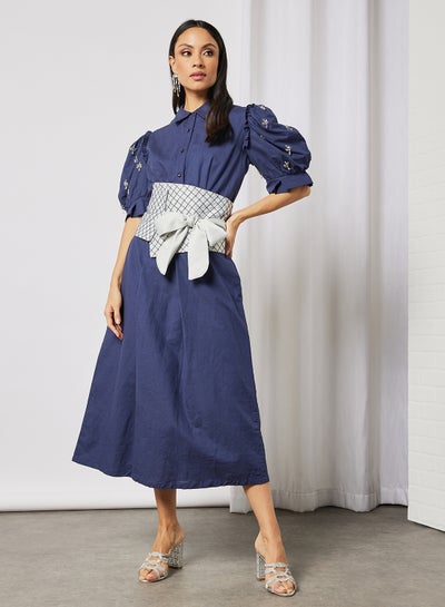 Buy Contrast Belt Embellished Sleeve Midi Dress Navy in UAE