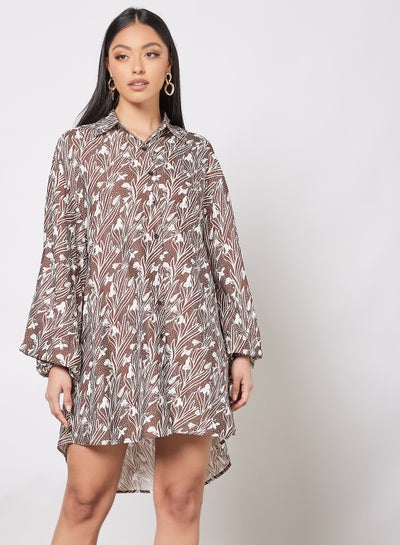 اشتري فستان كاجوال بتصميم قميص فضفاض بأكمام طويلة وفتحة رقبة مستديرة 2 طباعة بلون تشوكليت في السعودية