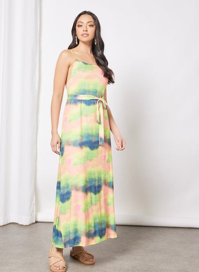 Buy Women's Strap Off Shoulder Long Evening Maxi Dress With Belt Tie dye Pattern Green/Pink/Blue in Saudi Arabia