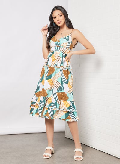 Buy Casual Polyester Blend Straps Layered Midi Dress With V-Neck Pattern Blue White Print in UAE