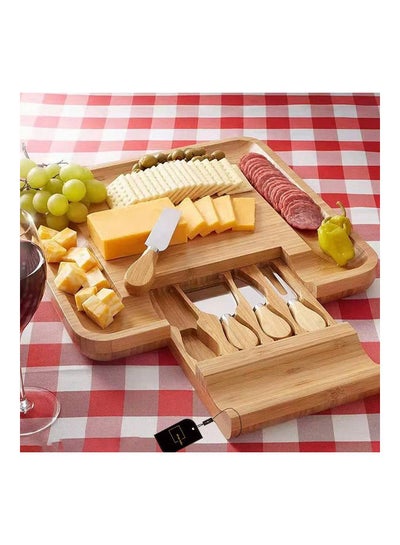 Buy Slide-out Drawer Bamboo Cheese Board Cutter Set Brown 33x33x3.5cm in UAE