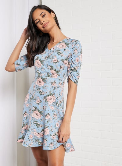 Buy Casual V-Neck Shirring Short Sleeve A- line Mini Dress Printed Pattern Blue in Saudi Arabia