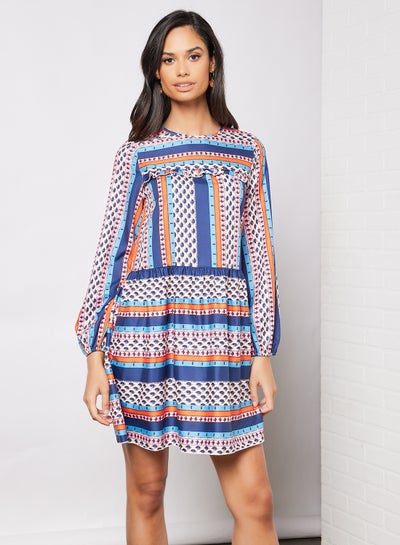 Buy Casual Key Hole Round Neck Long Sleeve Mini Dress Printed Pattern Orange/Blue/White in UAE