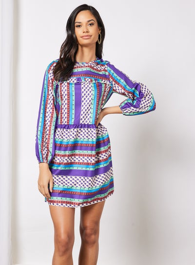 Buy Casual Key Hole Round Neck Long Sleeve Mini Dress Printed Pattern Green/Blue/Violet in Saudi Arabia