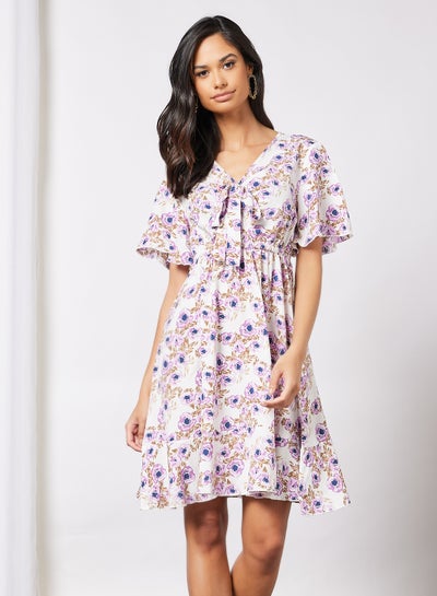 Buy Casual Polyester Blend Bell Short Sleeve Knee Length Dress With V-Neck Bow Tie Printed Pattern White in Saudi Arabia