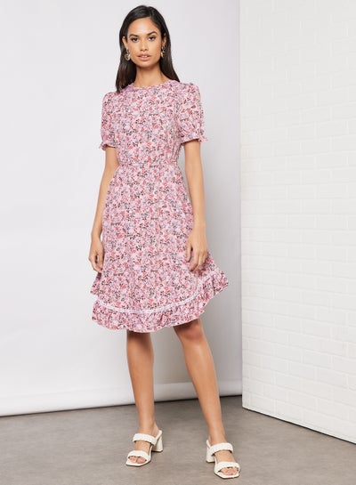 Buy Casual Round Neck Ruffle Sleeve And Hem Bowtie Print Knee Length Dress Pink in Saudi Arabia