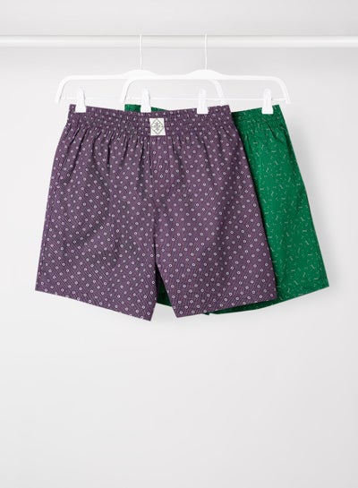 اشتري Pack of 2 Printed Boxer Casual Shorts Green/Grey/White في السعودية