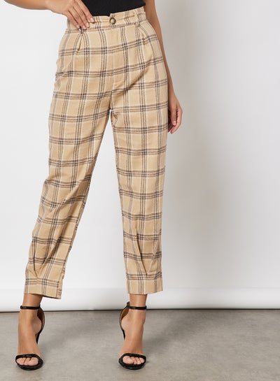 Buy Women High Rise Irregular Check Pants Beige in Saudi Arabia