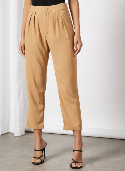 Buy Women High Waist Solid Double Hem Slight Pants Brown in Saudi Arabia