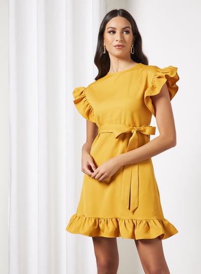 Buy Casual Ruffle Cap Sleeve Mini Belted Dress With Round Neck Ruffle Hem 53 Yellow in UAE