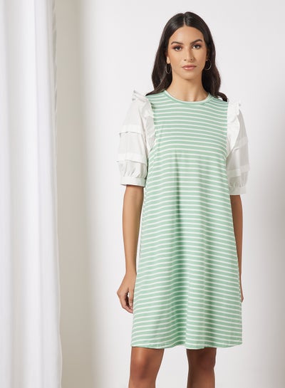 Buy Casual Polyester Blend Ruffle Half Sleeve Knee length Dress With Round Neck 13 Green STP in Saudi Arabia