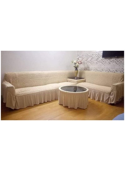 Buy Six Seater Stretchable L Shape Sofa Cover Cream 5.8meter in Saudi Arabia