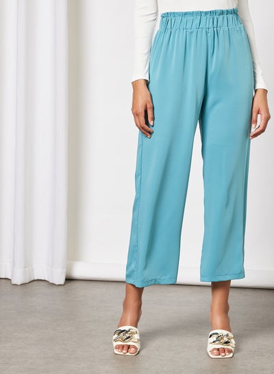 Buy Women Elastic Waistband Solid Wide Leg Pant Blue in UAE