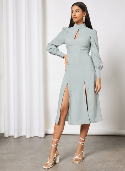 Buy High Neck Front Cut Out Puff Sleeve Long Dress Green in UAE