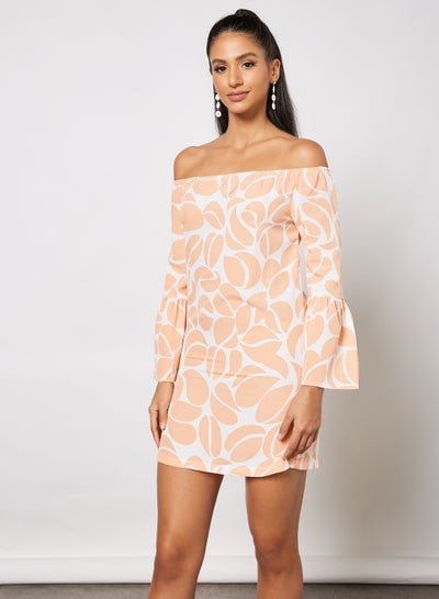 Buy Casual Long Sleeve Off Shoulder A-Line Mini Dress Printed Pattern Coral/White in UAE