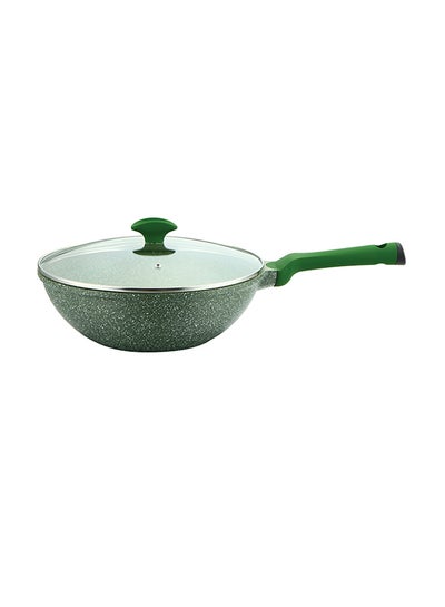 Buy Granite Non-Stick Aluminium Wok Pan With Lid Green/Clear 30cm in UAE