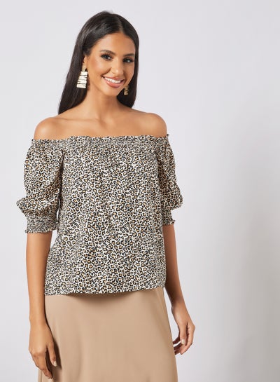 Buy Printed Casual Smocked Half Sleeves Blouse Leopard in UAE