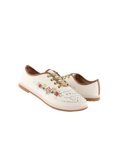 Buy Leather Flat Lace-Up Printed Sneakers White in Egypt