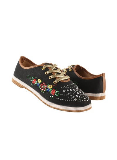 Buy Leather Flat Lace-Up Printed Sneakers Black in Egypt
