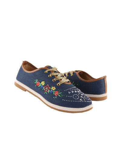 Buy Leather Flat Lace-Up Printed Sneakers Navy in Egypt
