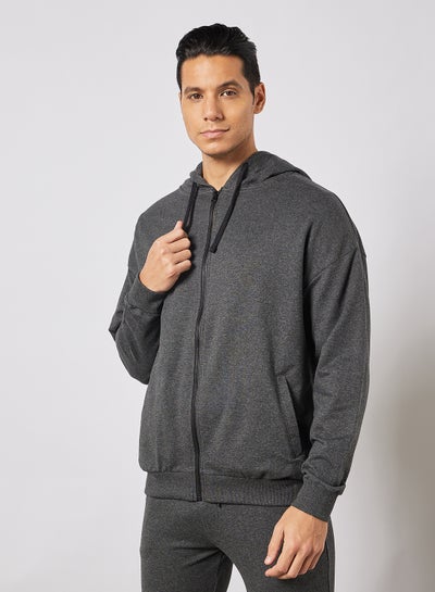 Buy Men's Casual Hoodie With Zip and Side Pockets Heather Charcoal in UAE