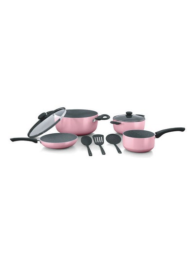 Buy 9-Piece Granite Coated Aluminum Cookware Set (DGAN 9P - Pink), Non-Stick, Tempered Glass Lids, Even Heat Distribution, Scratch-Resistant, Includes 24cm & 20cm Sauce Pans, 24cm Fry Pan, 14cm Milk Pan, 3 Spatulas Pink/Grey in UAE